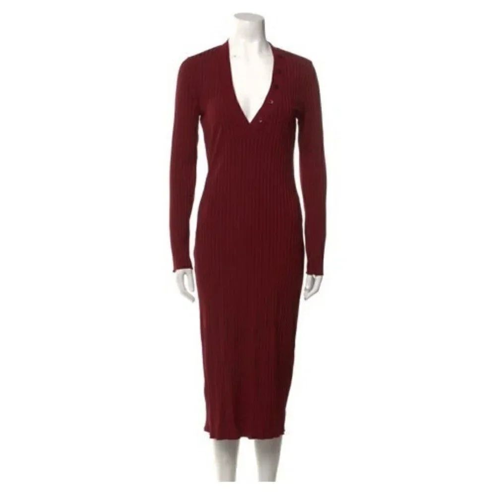 L’acadamie Authentic Solid Burgundy Red Long Sleeve V Neck MIDI Dress Small